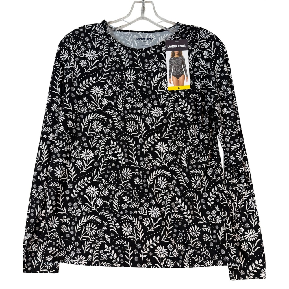NWT Lands' End Womens Black Floral Long Sleeve Swim Tee Rash Guard UPF 50 •S•